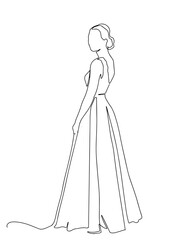 Fototapeta premium Bride drawing in one continuous line. One line of a bride wearing a wedding dress. Marriage Concept . Beautiful woman in dress. Vector illustrator