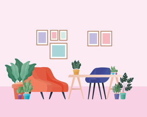 orange armchair and desk with plants in living room design, Home decoration interior living building apartment and residential theme Vector illustration
