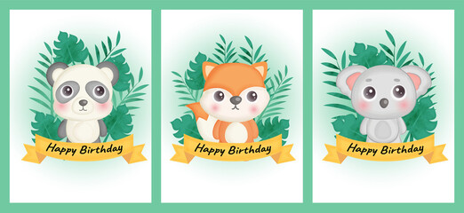 set of birthday cards with panda ,fox and koala in water color style.