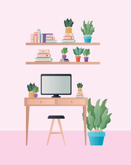 desk with chair computer and plants in room design, Home decoration interior living building apartment and residential theme Vector illustration