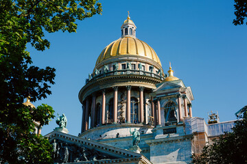 Golden dome of Saint Isaac's Cathedral in Saint Petersburg, famous city landmark