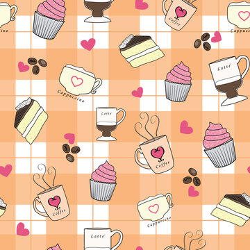 Vector Orange Love Coffee and Cake Collection seamless repeat pattern background