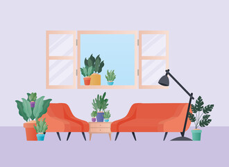 orange couch and armchair with plants in living room design, Home decoration interior living building apartment and residential theme Vector illustration