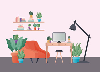 orange armchair and desk with plants in living room design, Home decoration interior living building apartment and residential theme Vector illustration