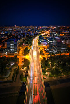 Arpad bridge in Budapest, long exposure aerial view at night 