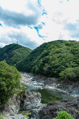 Fototapeta na wymiar Summer hiking on a discontinued train-line between Takedao and Namaze in Hyogo prefecture in Japan