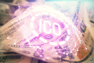 Multi exposure of crypto theme drawing over us dollars bill background. Concept of blockchain...