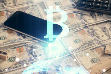 Multi exposure of crypto theme drawing over us dollars bill background. Concept of blockchain success.