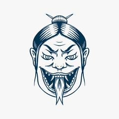 Japanese female geisha with snake tongue. Screaming Scary woman. Chinese Mythological or Asian symbol for tattoo or label. Engraved hand drawn line Vintage old monochrome sketch. Vector illustration.