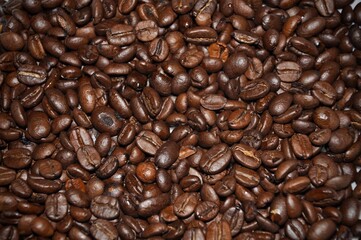 Coffee beans on a wooden board close-up view. Texture, heap.