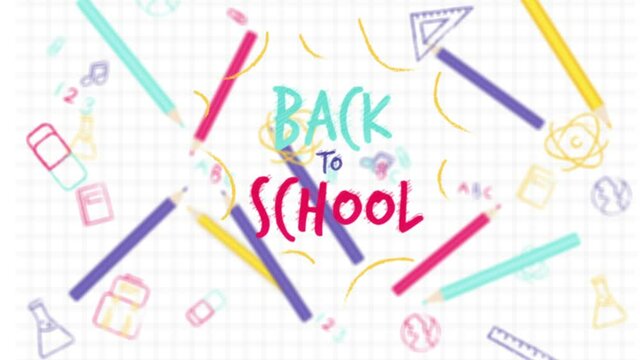 Animation of Back to School with multiple school items moving on white lined paper. Education back to school and schooling concept digitally generated image.