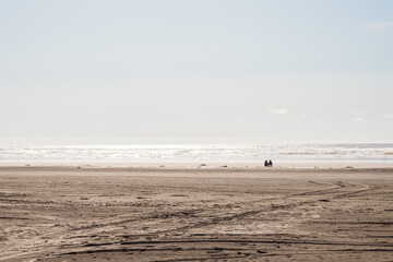 Fototapeta na wymiar Two People Sitting Alone on Ocean Beach on a Bright, Sunny Day