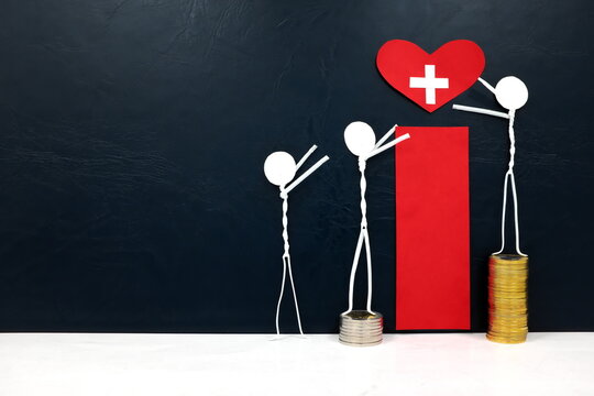 Stick figure reaching for a red heart shape with cross cutout while stepping on stack of coins. Healthcare, medical care and hospital access inequality concept.