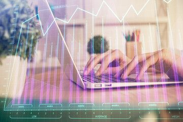 Double exposure of woman hands typing on computer and forex chart hologram drawing. Stock market invest concept.