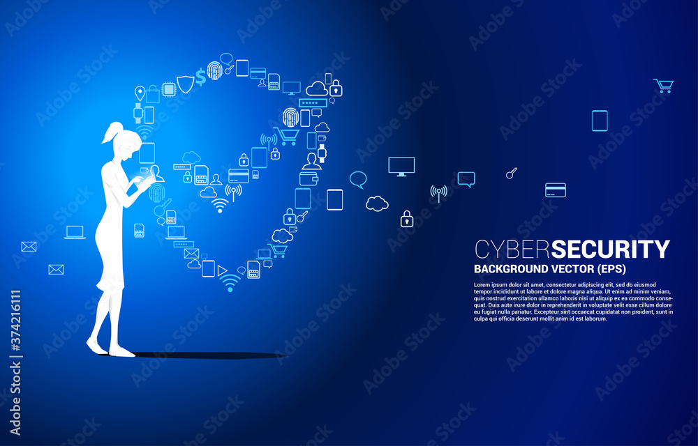 Poster silhouette woman use mobile phone and protection shield icon from multiple icon. concept of guard se