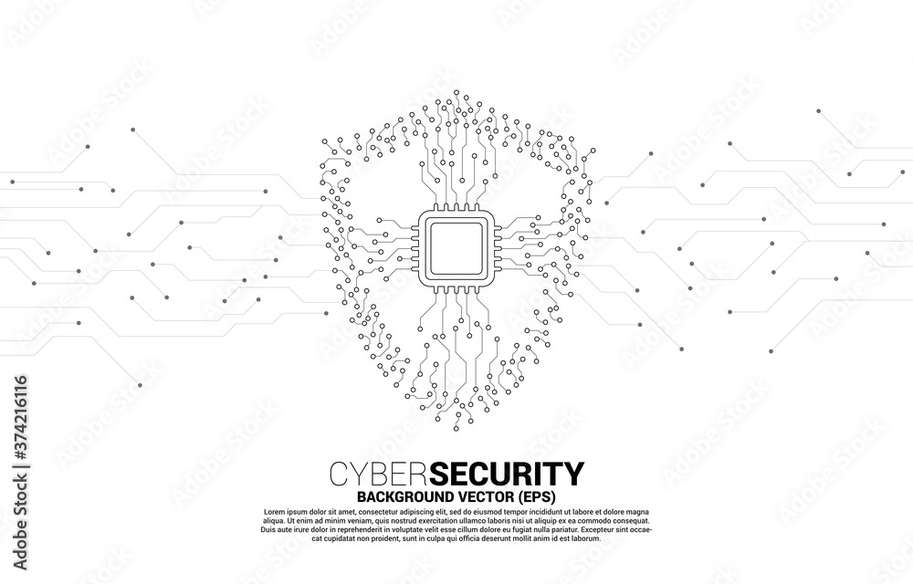 Poster Protection shield icon with CPU from circuit board style dot connect line. concept of guard security and safety