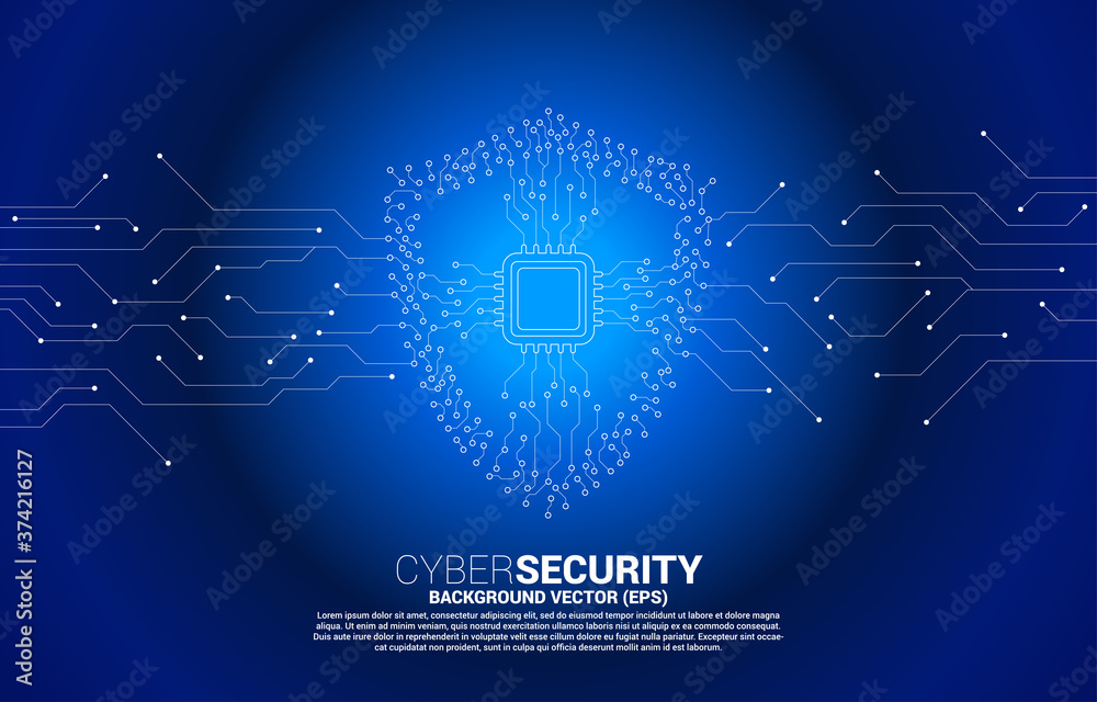 Poster Protection shield icon with CPU from circuit board style dot connect line. concept of guard security and safety