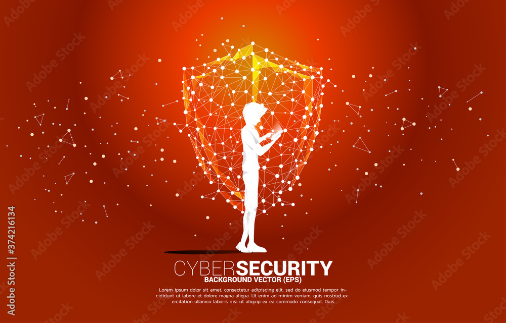 Poster silhouette man use mobile phone and protection shield icon from dot connect line polygon network. co
