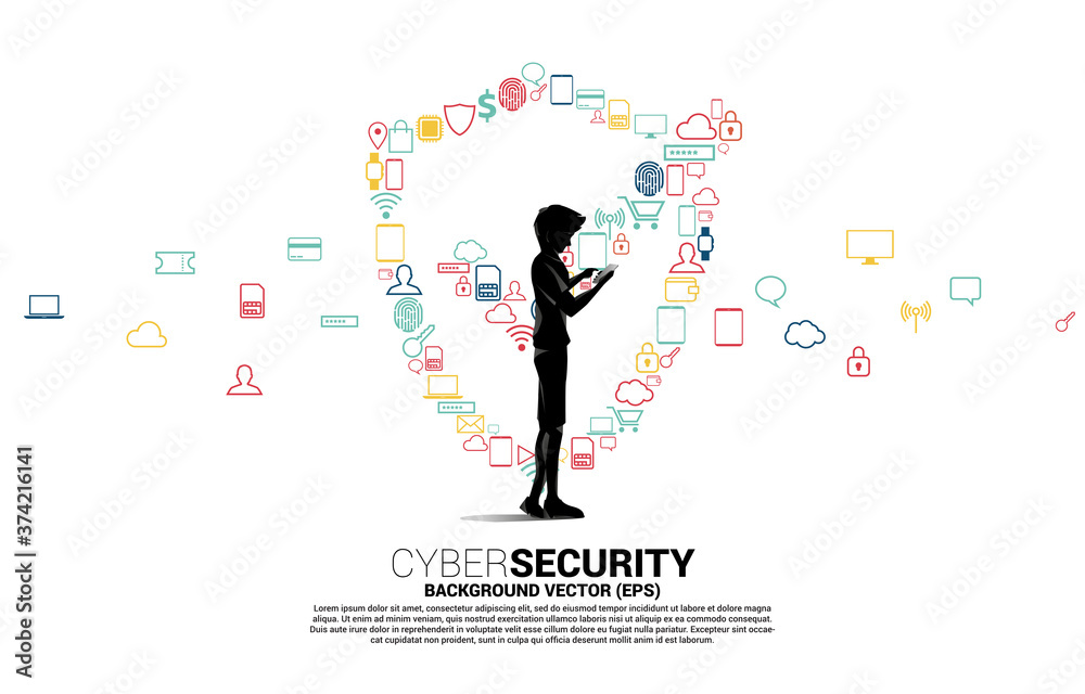 Poster Silhouette man use mobile phone and Protection shield icon from multiple icon. concept of guard security and safety