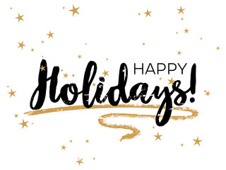 Ink Happy Holidays lettering, greeting card calligraphic design with gold star sparkles.