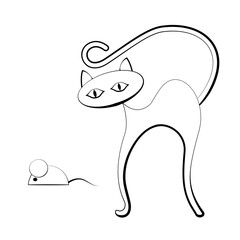 Cat and mouse in profile. A black-and-white outline image on a white isolated background. Vector illustration