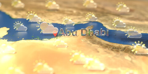 Partly cloudy weather icons near Abu Dhabi city on the map, weather forecast related 3D rendering