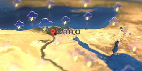 Stormy weather icons near Cairo city on the map, weather forecast related 3D rendering - obrazy, fototapety, plakaty