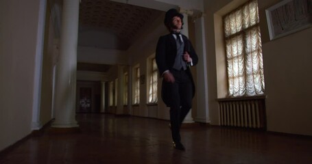 Beautiful hallway of an old palace, Alexander Pushkin is walking through it, 4k