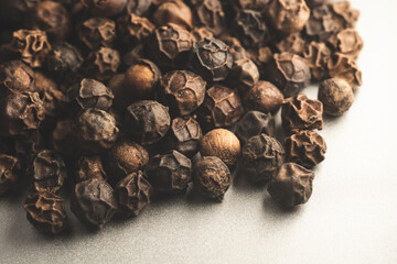 Dried Black Pepper Grains, Macro close up photography, selective focus