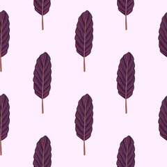 Simple isolated pattern with leaf silhouettes. Minimalistic botanic ornament in purple color on white background.