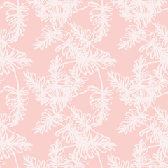 Fototapeta na wymiar Random white contoured branches silhouettes seamless pattern. Soft contoured pink background.