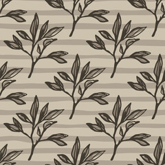 Autumn pale seamless floral pattern with branches. Outline botanic ornament on stripped background.