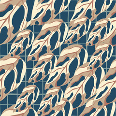 Seamless simple pattern with stylized monstera leaves. Navy blue background with check.