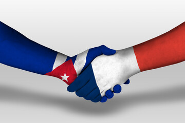 Handshake between france and cuba flags painted on hands, illustration with clipping path.