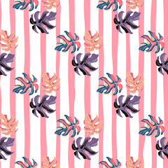 Multicolor monstera leafs silhouettes seamless pattern. White and pink strippes backgroind. Bright artwork.