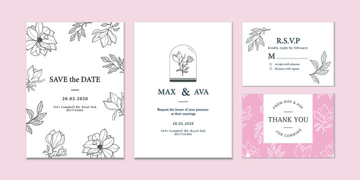 Hand-drawn floral wedding invitation card with pink background
