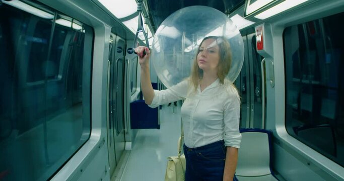 New virus protection. Futuristic future concept. Woman wearing a mask on public transport. City ​​during the second wave of the pandemic. Astronaut suit, space travel, future technologies