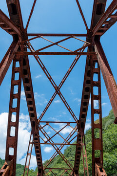 Discontinued railroad bridge as a part of hiking road, over Muko river in Hyogo prefecture, Japan