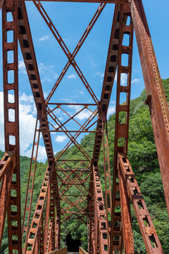 Discontinued railroad bridge as a part of hiking road, over Muko river in Hyogo prefecture, Japan