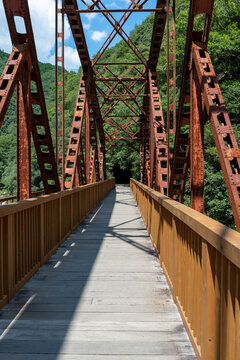 Discontinued railroad bridge as a part of hiking road, over Muko river in Hyogo prefecture, Japan