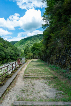 Hiking on a discontinued train-line along with Muko river in Hyogo prefecture in Japan