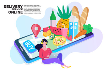 happy family on vacation,  shopping grocery online.
