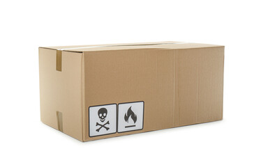Cardboard box with different packaging symbols isolated on white. Parcel delivery