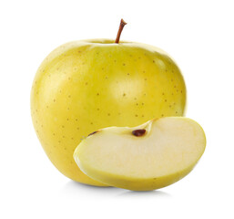 Cut and whole yellow apples on white background