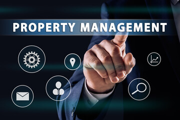 Property management concept. Man using virtual screen with icons, closeup