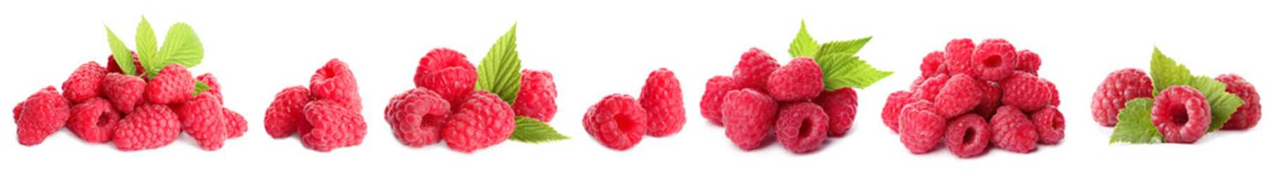 Set of fresh ripe raspberries with green leaves on white background. Banner design