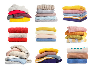 Set of folded and stacked sweaters on white background