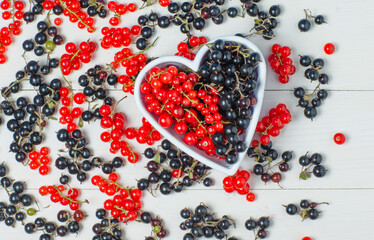 Currant berries in a white bowl on a wooden background. flat lay.