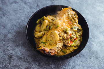 plant-based food, vegan roasted butternut squash slice with green curry vegetable stew