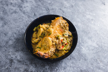 plant-based food, vegan roasted butternut squash slice with green curry vegetable stew